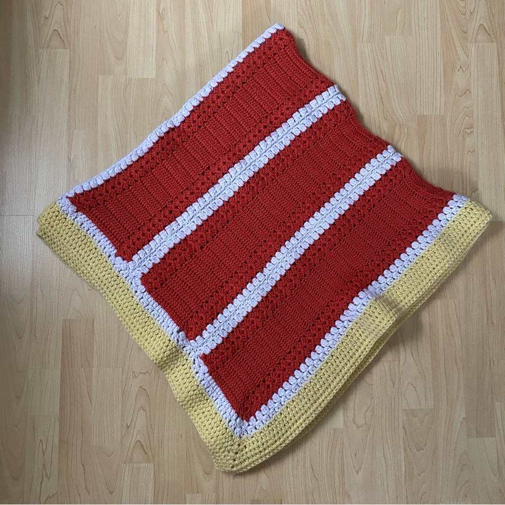 Vintage Hand knit crochet yellow and orange throw blanket Afghan